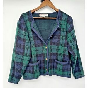 Old Money Tartan Plaid Cardigan Oversized Preppy Patch Pockets Gold Buttons